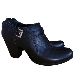 BOC Moore Black Leather Buckle Ankle Booties Block Heel Zip Shoes Goth Moto 8.5